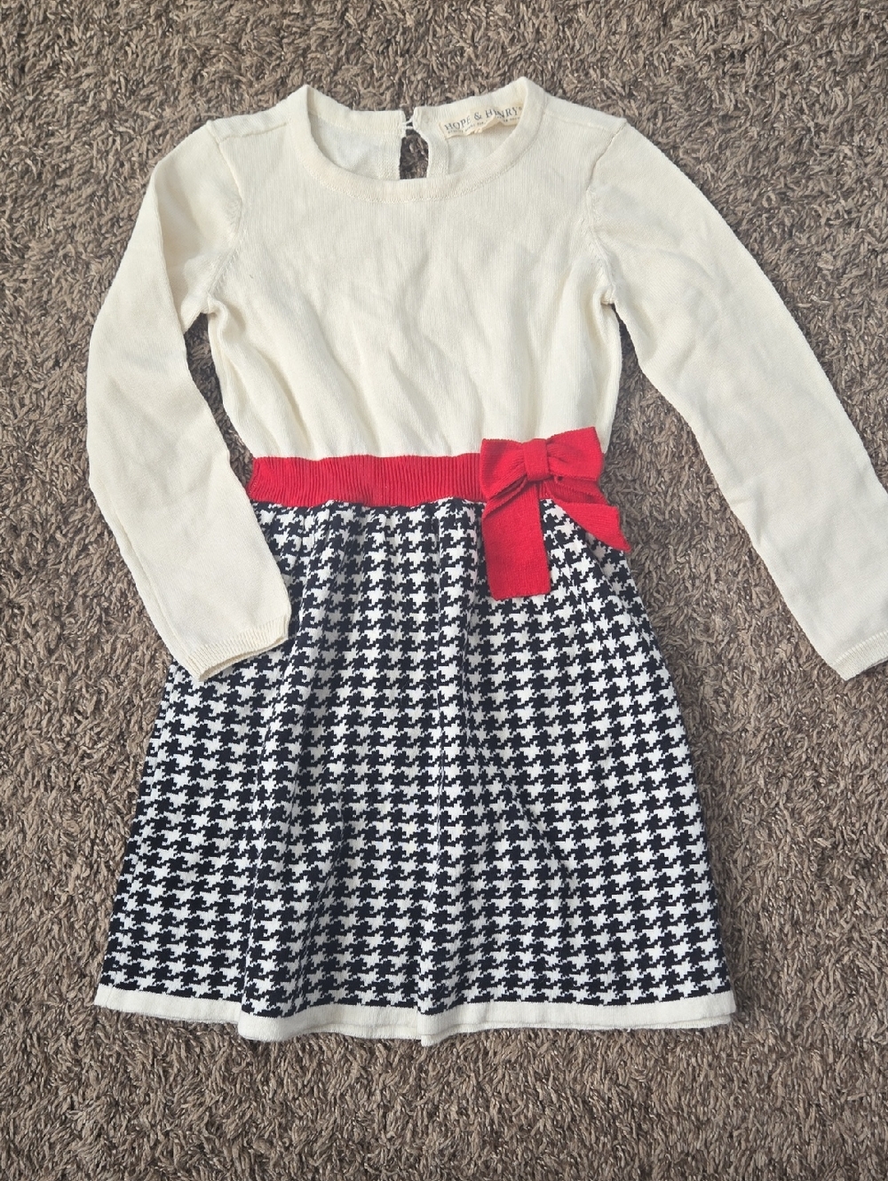 Hope & Henry Cream Top Black & White Houndstooth Skirt Dress with Red Waist Bow